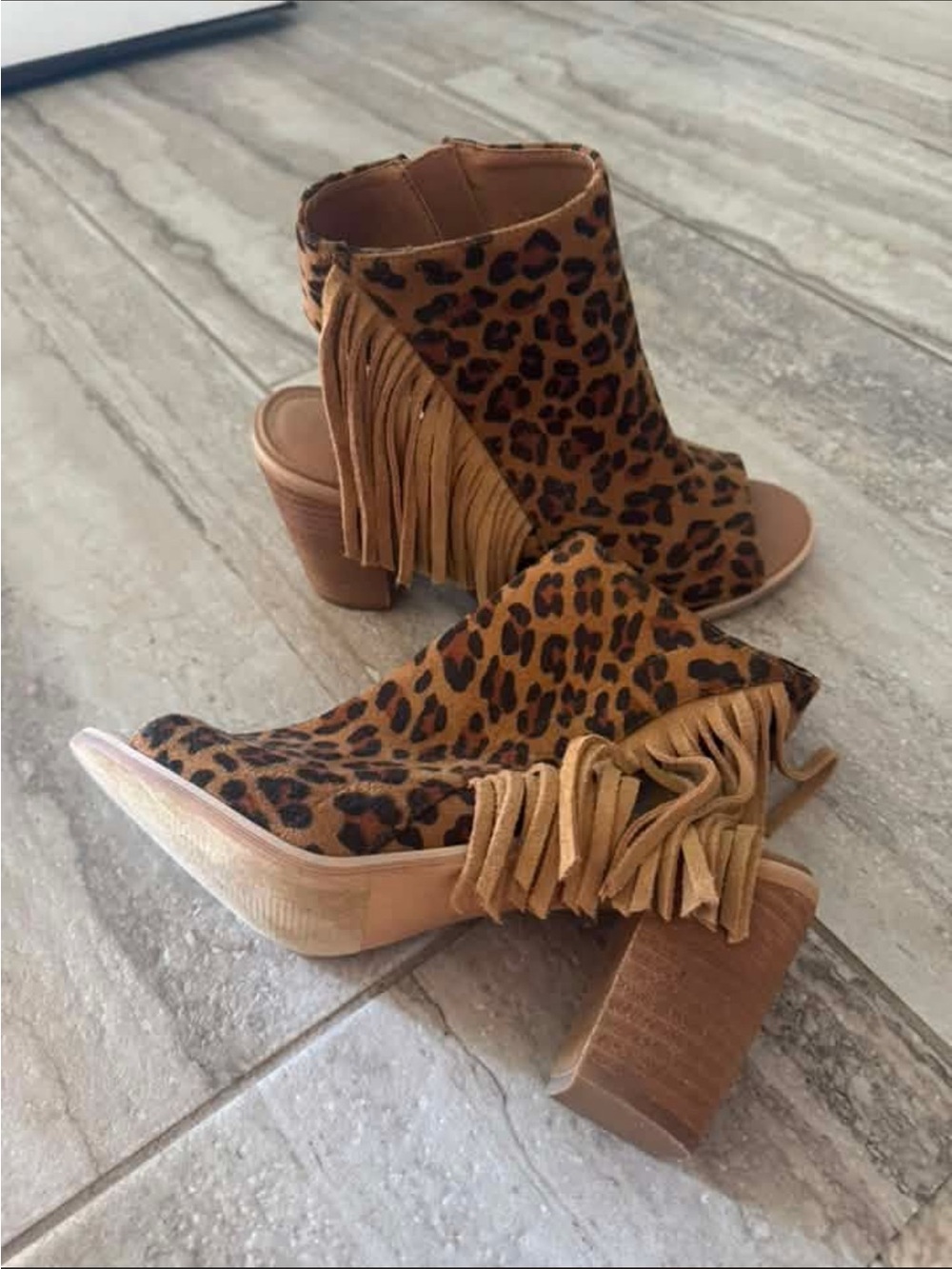 Leopard Print Fringe Open-Toe Block Heel Booties - Brown